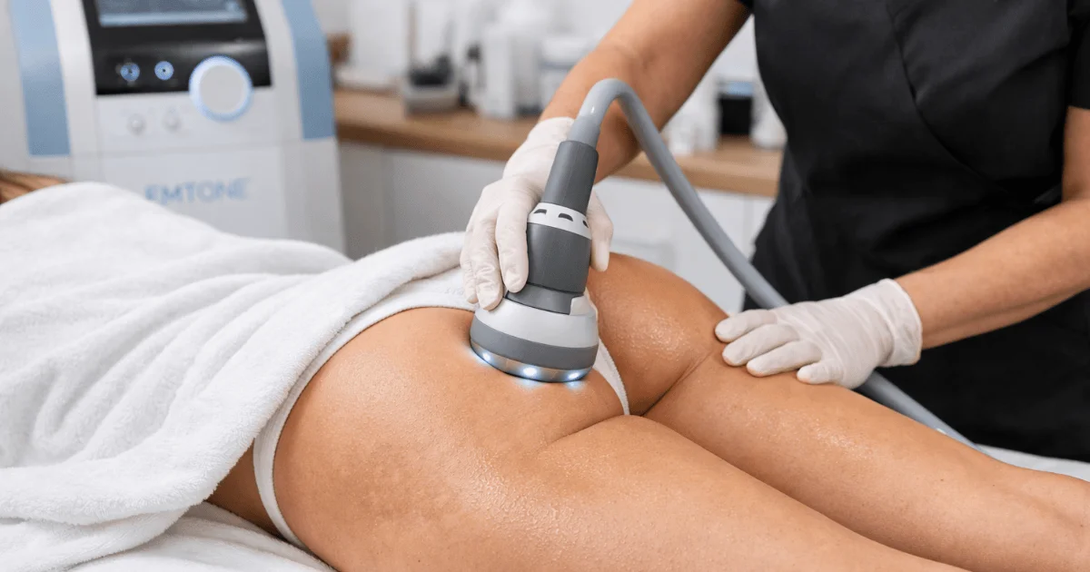 Noninvasive Emtone treatment for cellulite reduction on thighs in a professional med spa setting